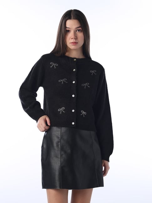 Only Black Cotton Embellished Regular Fit Cardigan
