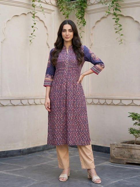 Aurelia Navy Blue Floral Printed Straight Fit Kurta-picture-47