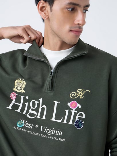 Nuon by Westside Dark Olive Relaxed-Fit Cotton-Blend Quarter-Zip