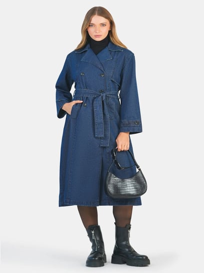 VIRGIO Women Solid Denim Cotton Long Sleeves Lapel Collar Trench Coat
