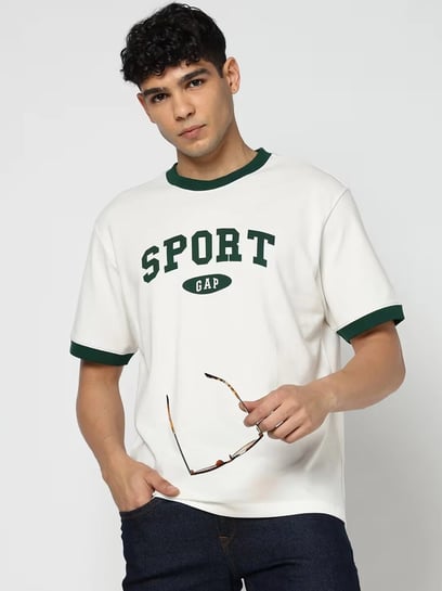 GAP White Letter Print Relaxed Fit Half Sleeves Round Neck T-Shirt
