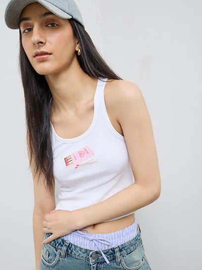 Nuon by Westside White Printed Cotton-Blend Tank Top