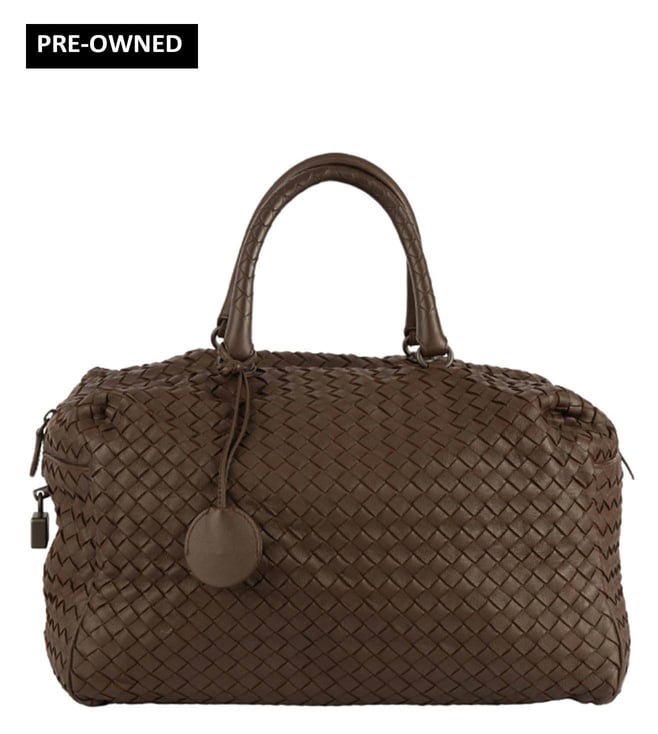 bottega veneta Brown Intrecciato Woven Medium Leather Boston Bag