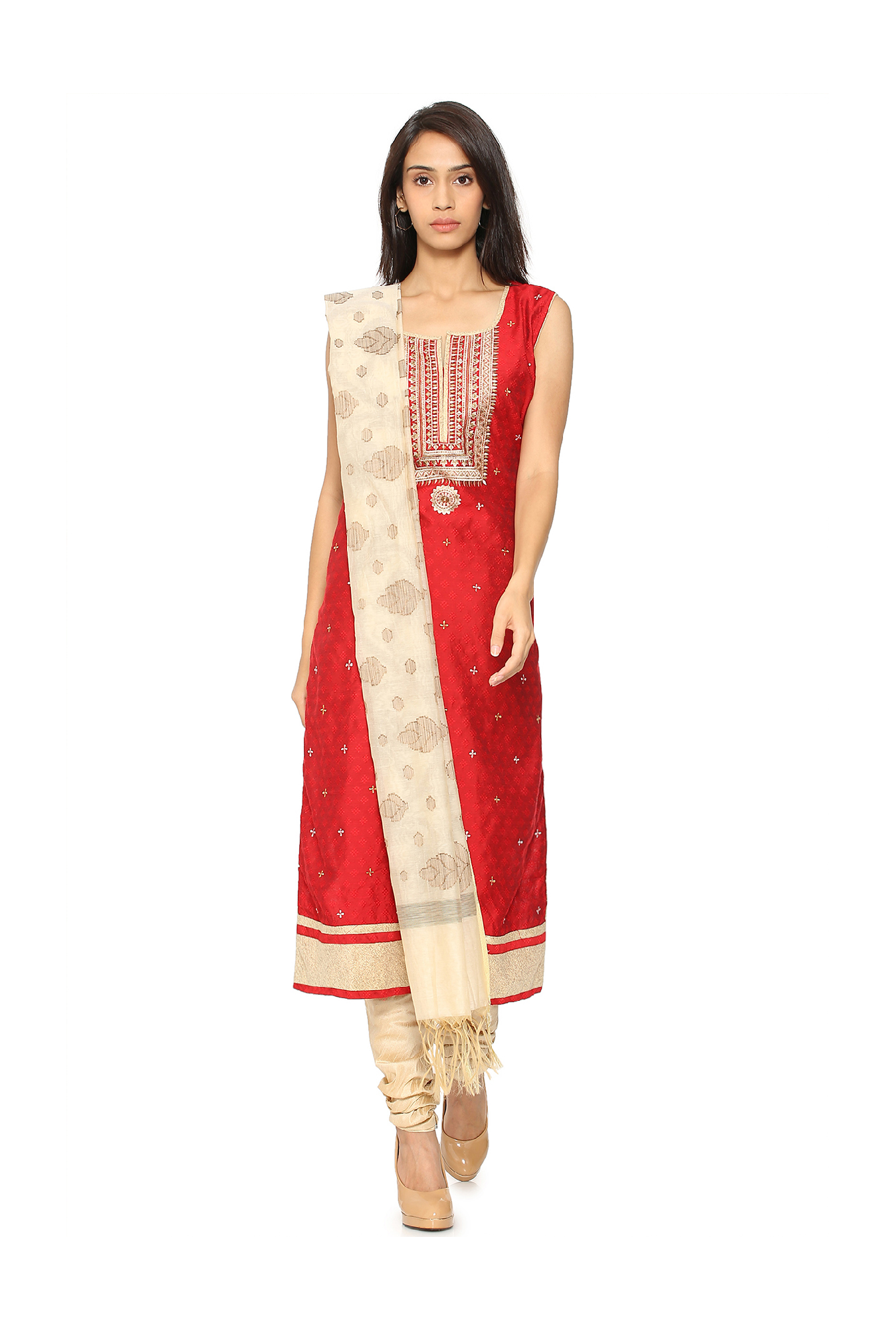 Buy Soch Red & Beige Embroidered Art Silk Churidar Set for Women Online ...