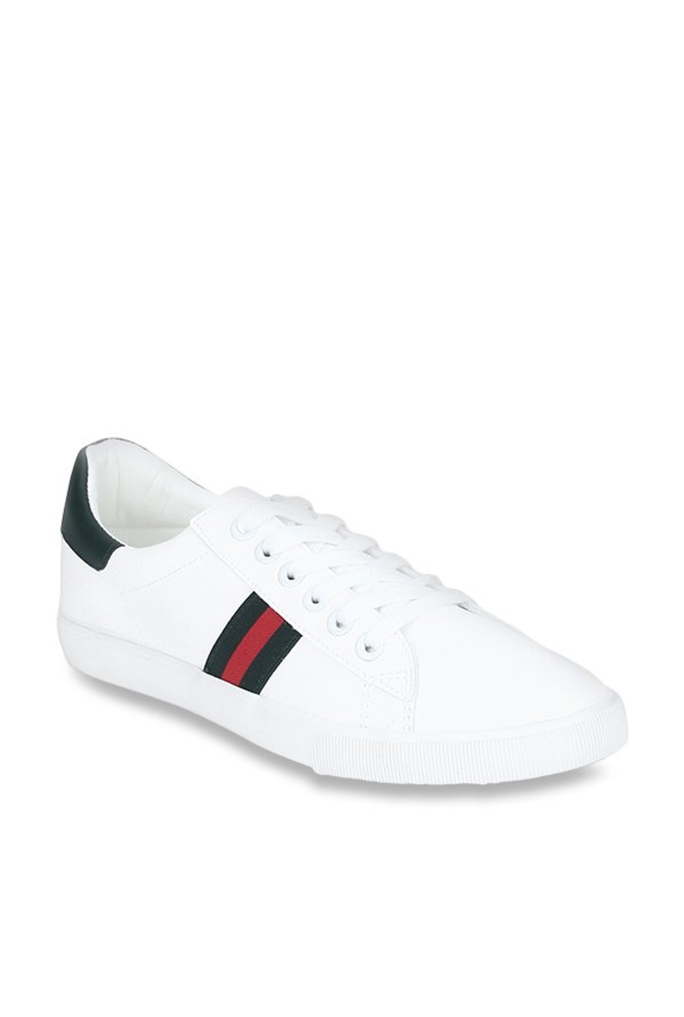 white sneakers red tape