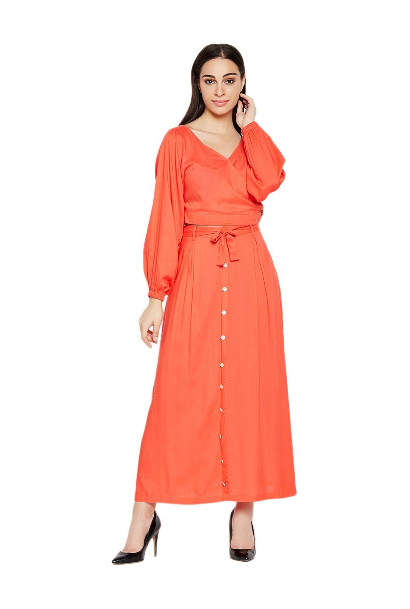 coral maxi dress with sleeves