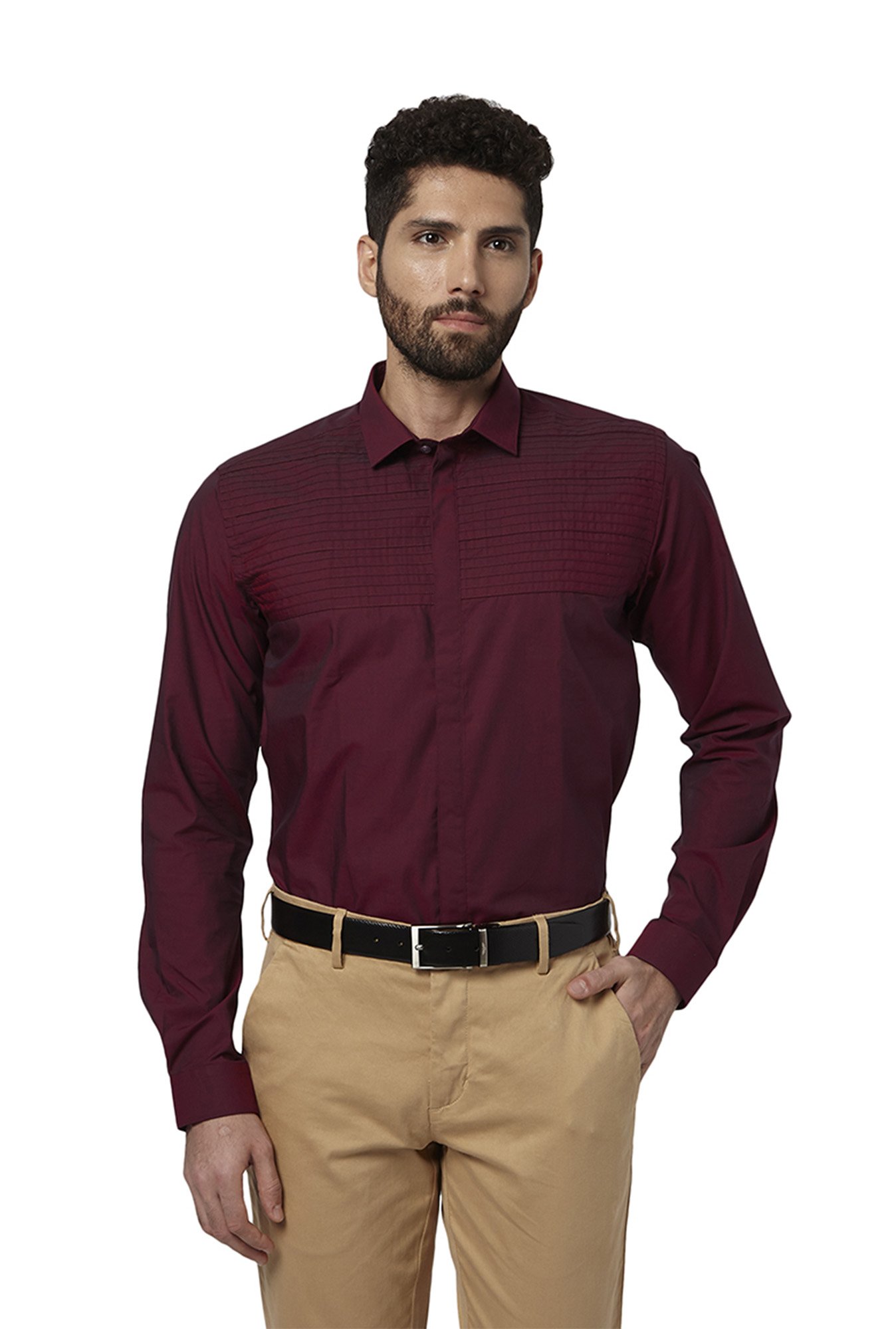 brown pants burgundy shirt