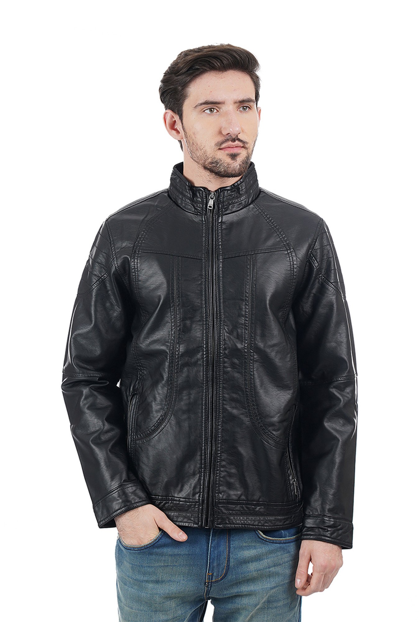 Indian Terrain Black Full Sleeves Biker Jacket For Men