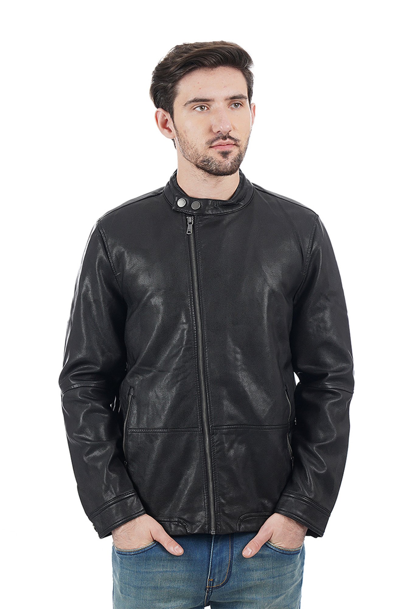 Indian Terrain Black Band Collar Biker Jacket For Men