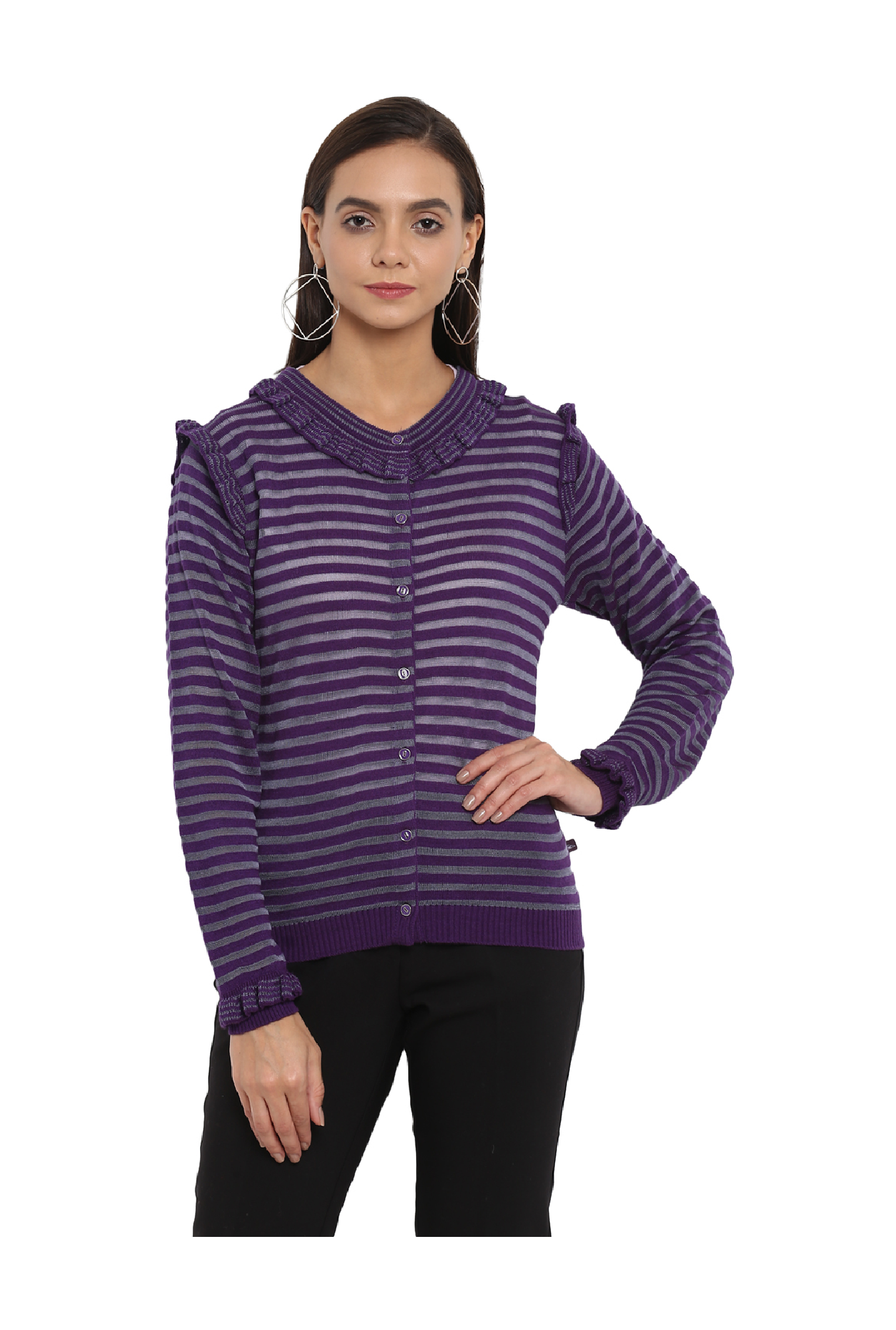 purple striped cardigan