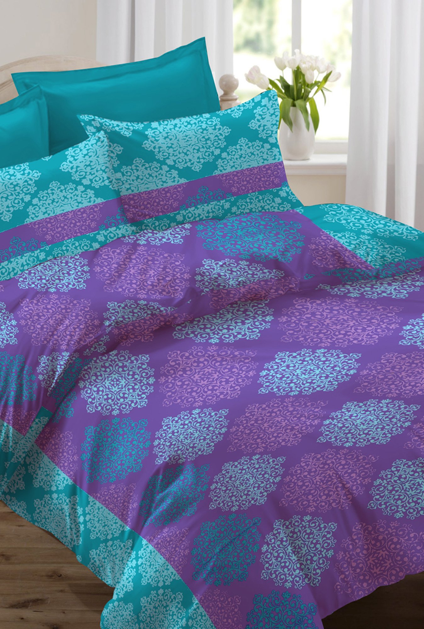 Buy Ahmedabad Cotton Purple Turquoise Double Bed Sheet Set