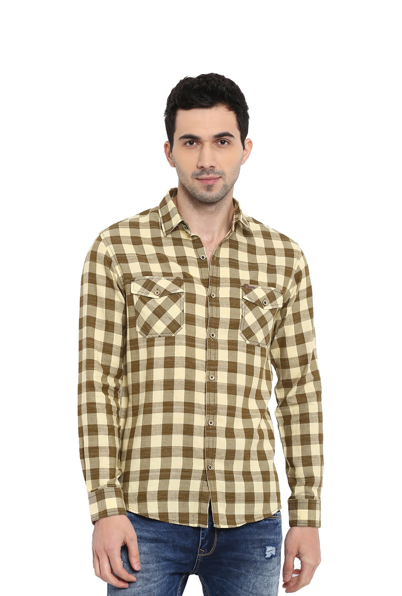 mufti mustard yellow checked casual shirt