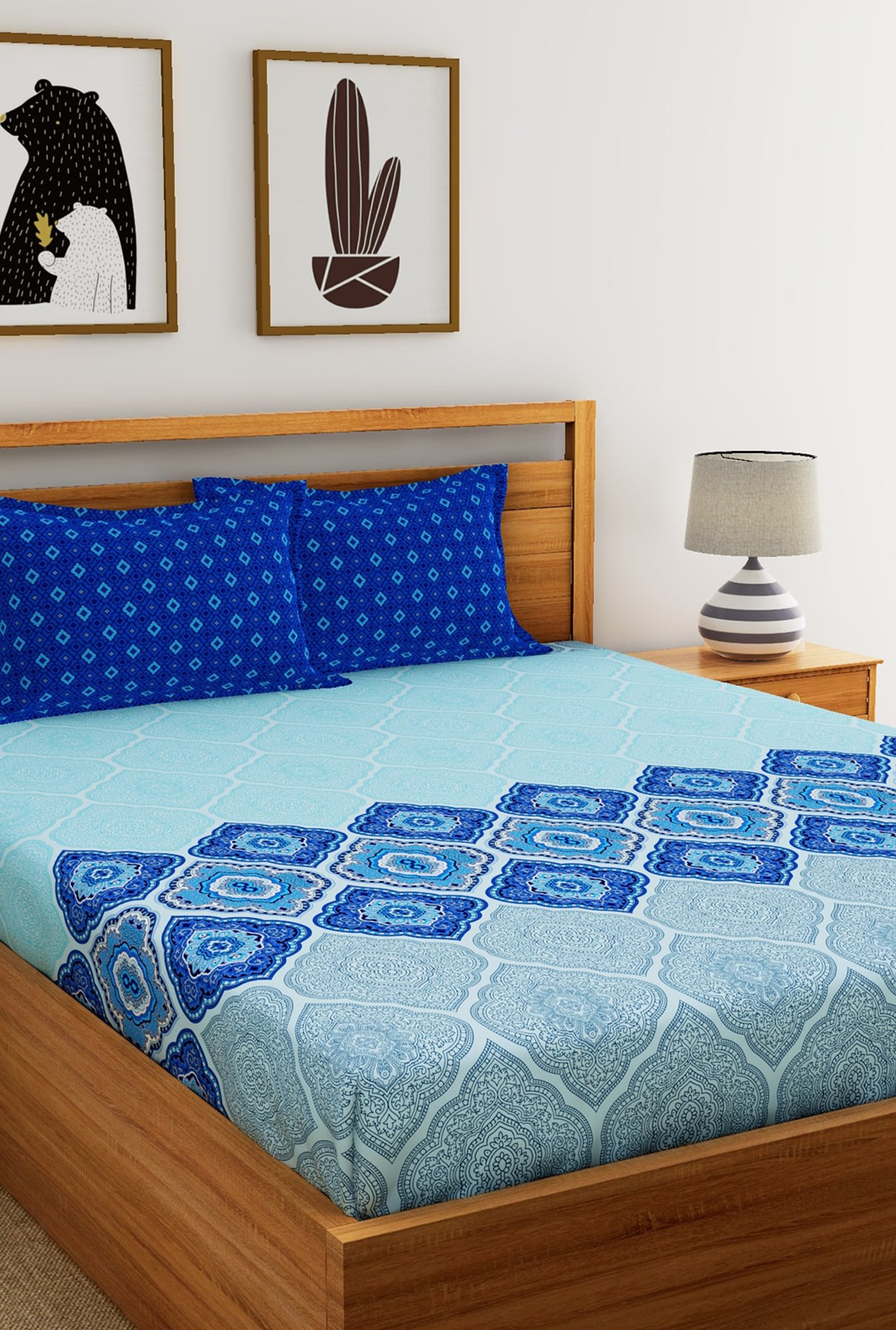 Buy Dreamscape Navy Blue Printed Cotton Double Bed Sheet Set Online At Best Price Tata CLiQ