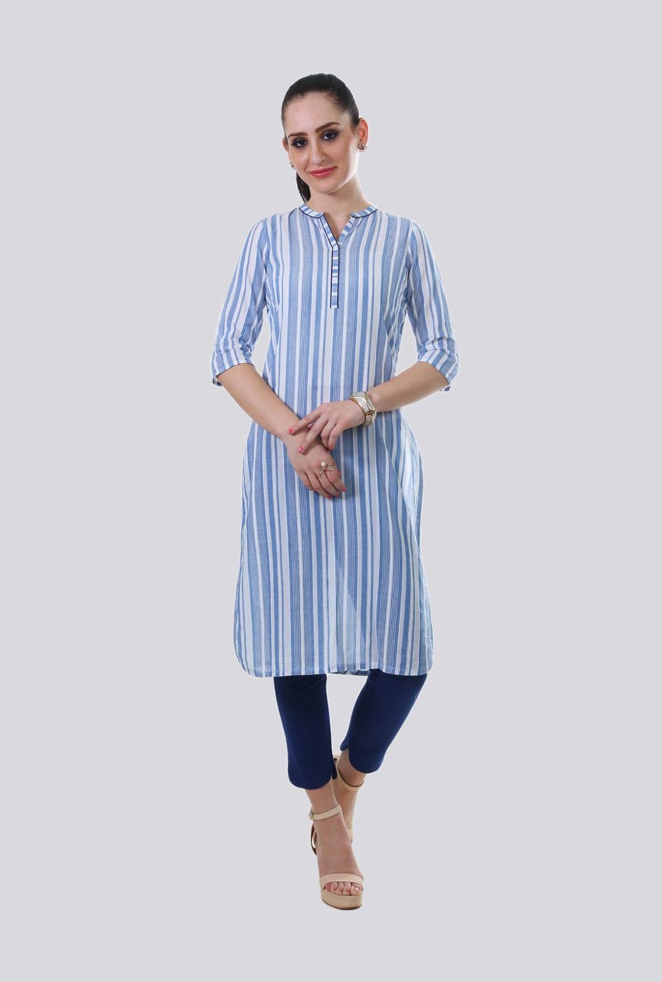 Buy Blue Stripe Cotton Plus Size Kurta With Side Buckle Online - Aurelia