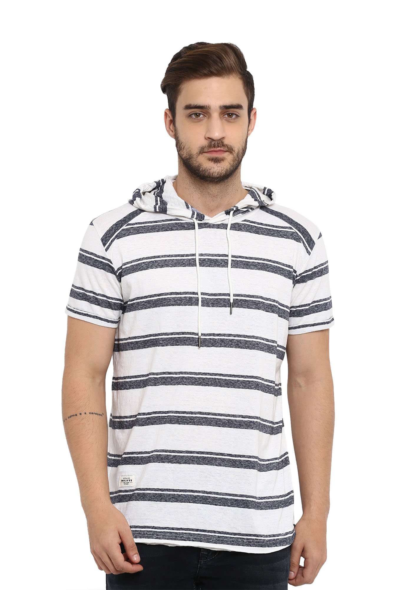 Buy Mufti White Striped Hooded T-Shirt 