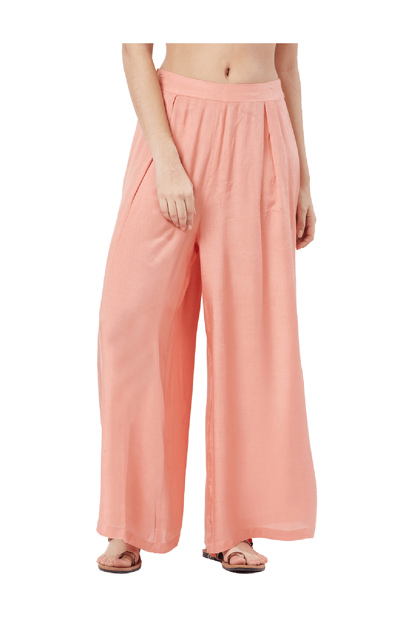 Hip-Hop style. Woman. An interesting ultra-modern fashionable style of an  oversize peach color shirt. Free form. Palazzo trousers