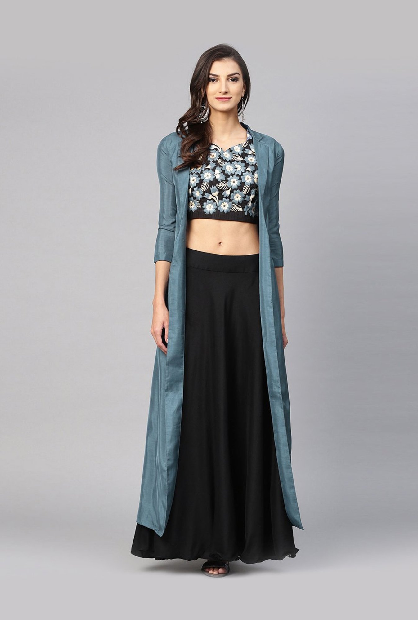 long skirt with crop top with jacket