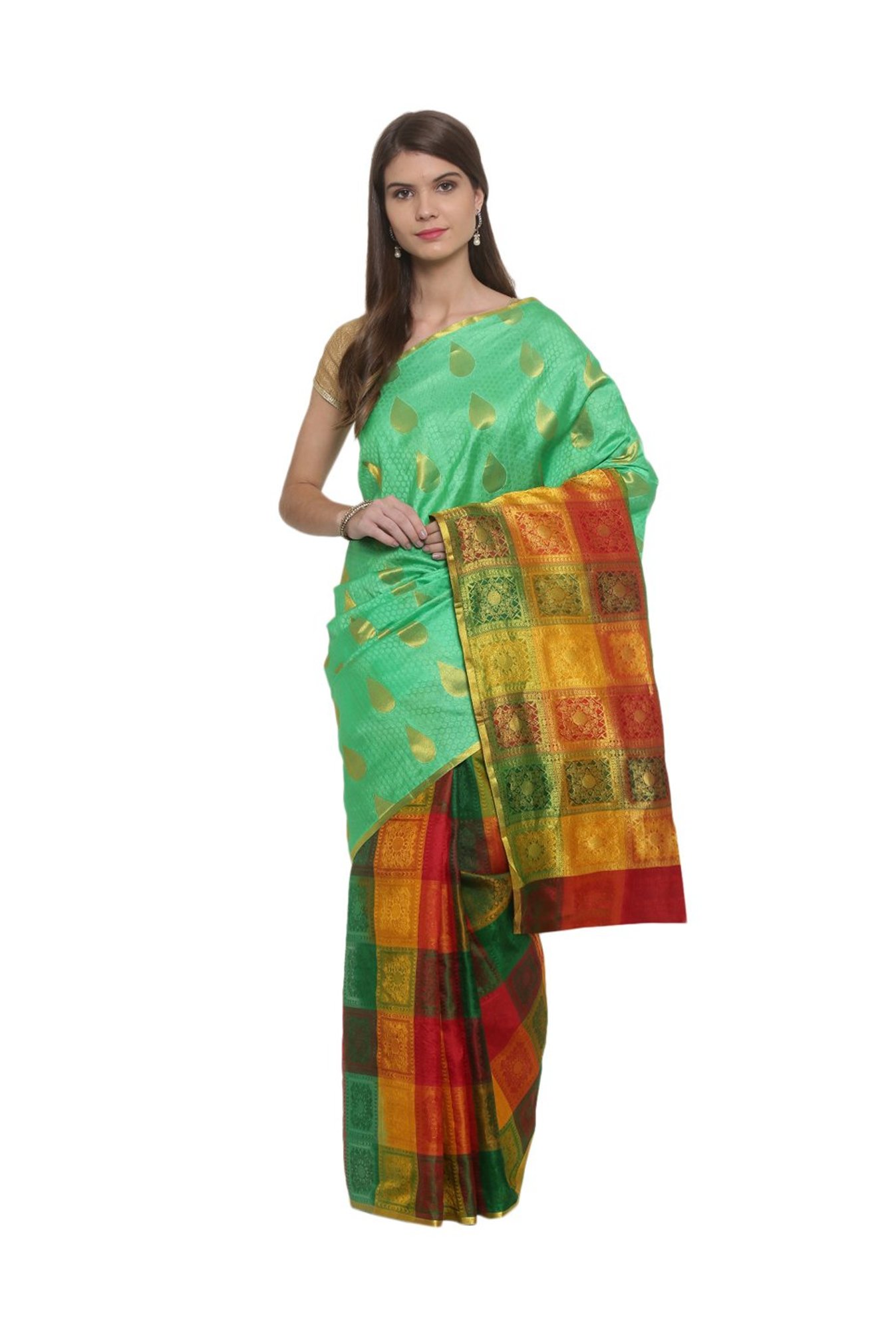 The Chennai Silks Women S Green Half Half Kanjivaram Silk Saree With Blouse From The Chennai Silks At Best Prices On Tata Cliq