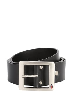 Louis Philippe Black Solid Leather Narrow Belt