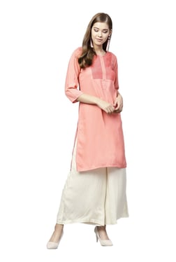 Juniper Coral & Off White Embroidered Kurta With Flared Palazzo