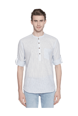 Indus Route by Pantaloons Pastel Blue Striped Mandarin Collar Cotton Kurta