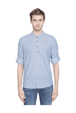 Indus Route by Pantaloons Pastel Blue Printed Mandarin Collar Cotton Kurta