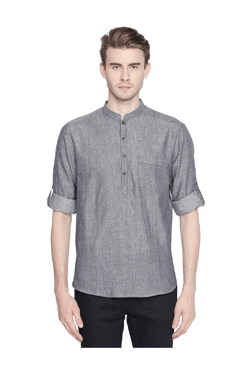 Indus Route by Pantaloons Grey Textured Mandarin Collar Cotton Kurta