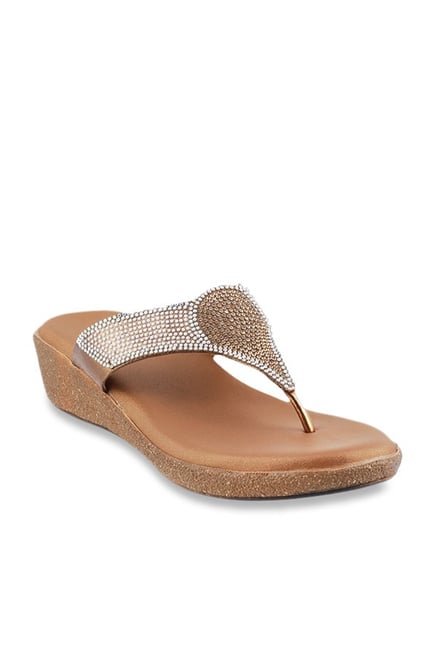 Mochi Antique Gold Wedge Heeled Thong Sandals