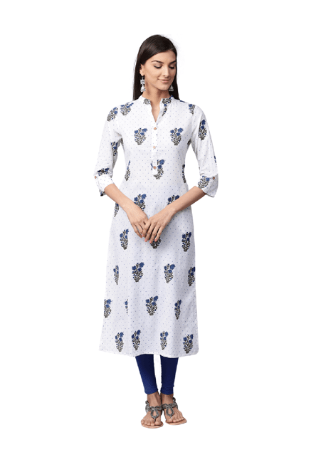 Jaipur Kurti White & Blue Floral Print Cotton Kurta