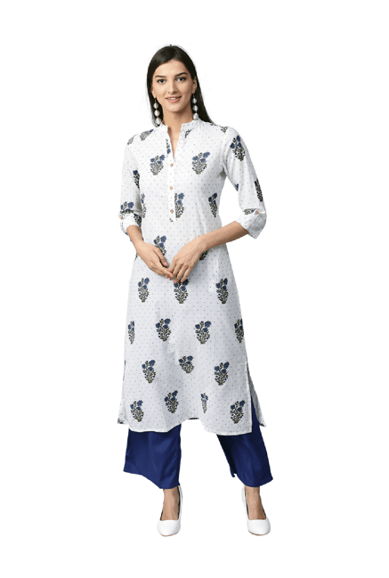 Jaipur Kurti White & Blue Cotton Kurta With Palazzo