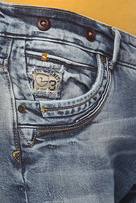 Buy Spykar Dark Blue Distressed Tapered Fit Jeans for Men Online