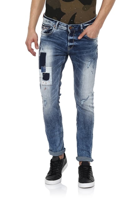 Spykar Dark Blue Distressed Skinny Fit Jeans