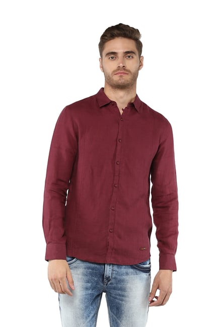 Spykar Wine Red Button Up Shirt Spykar Men Solid Casual Red Shirt