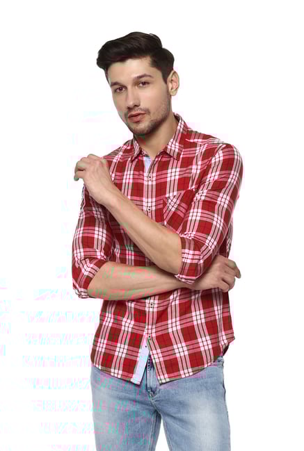Buy Spykar Red White Checks Slim Fit Shirt for Men Online Tata