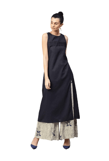 Jaipur Kurti Navy & Beige Cotton Kurta With Palazzo Price in India