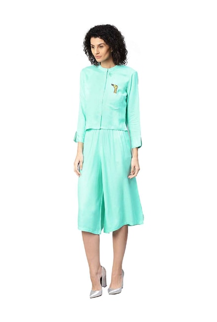 Jaipur Kurti Turquoise Embroidered Top With Culottes Price in India
