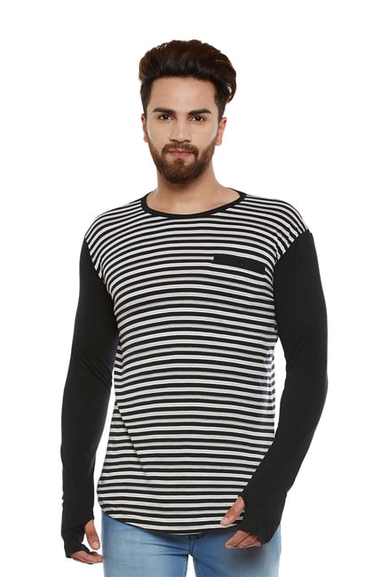 Hypernation Black & White Regular Fit Cotton Striped T-Shirt