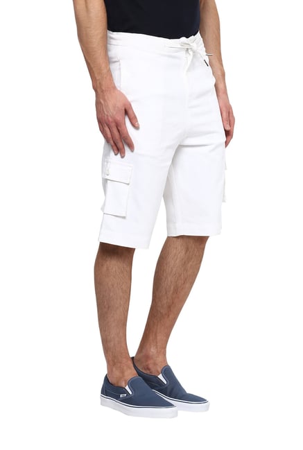 Hypernation White Cotton 3/4th Cargo Shorts