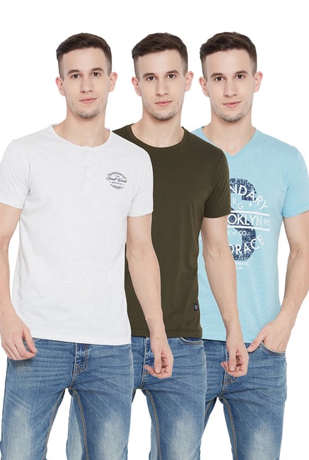Duke Grey, Olive Blue Cotton T Shirt Pack of 3