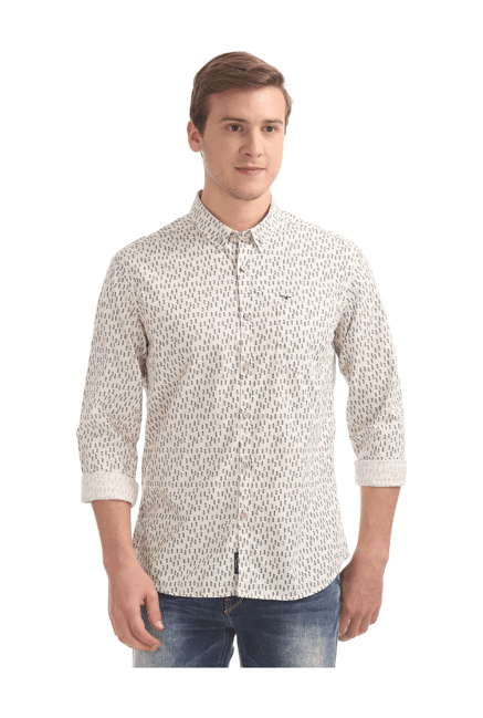 Flying Machine Beige Regular Fit Cotton Shirt