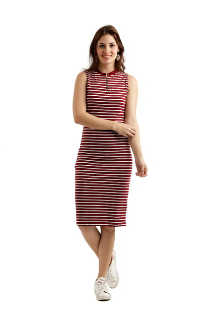 Miss Chase Maroon & White Striped Knee Length Dress Price in India