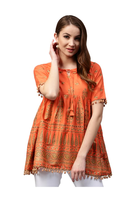 Gerua Orange Printed Cotton Kurti