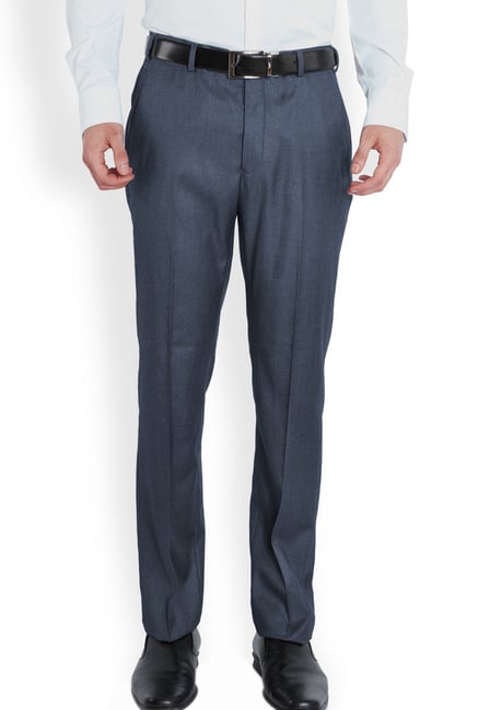 Park Avenue Navy Slim Fit Solid Flat Front Trousers