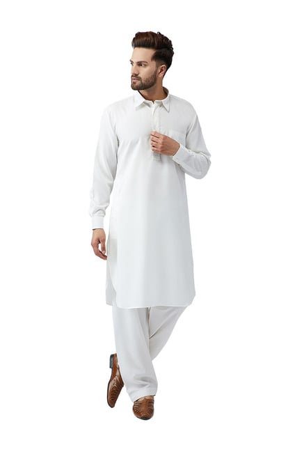 Sojanya White Embroidered Pathani Kurta Set