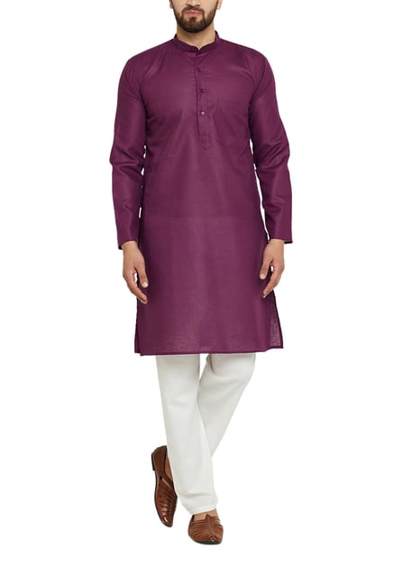 Sojanya Purple & White Band Collar Kurta Set