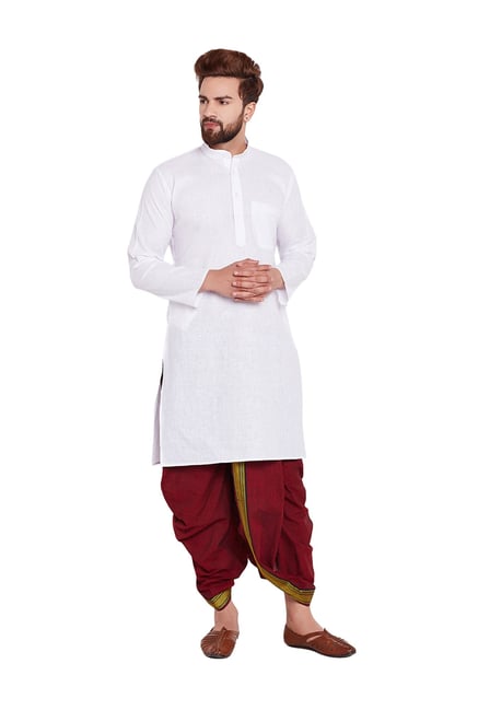 Sojanya White & Red Regular Fit Solid Kurta Set