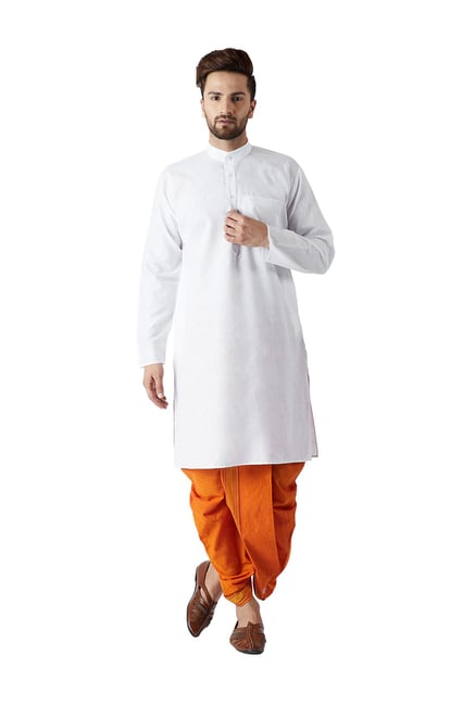 Sojanya White & Orange Full Sleeves Solid Kurta Set