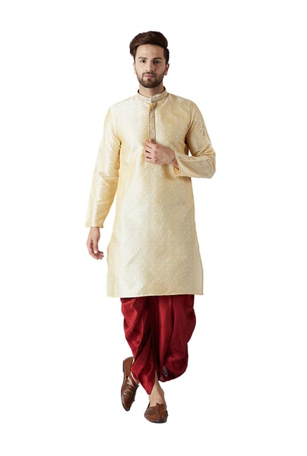 Sojanya Cream & Maroon Regular Fit Embroidered Kurta Set