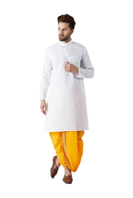 Sojanya White & Yellow Solid Regular Fit Kurta Set