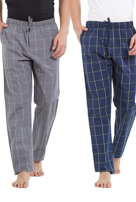 XYXX Grey Navy Checks Pyjama Pants Pack Of 2